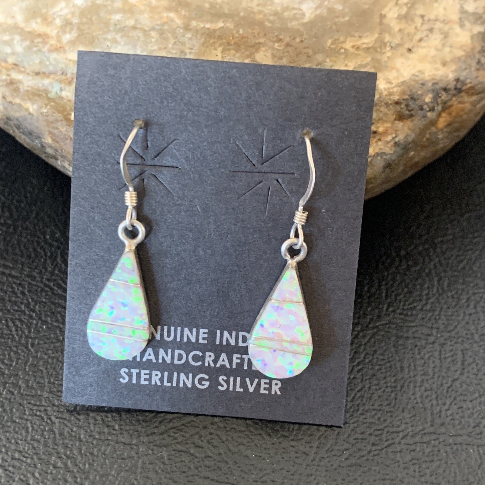 Womens White Opal Inlay Navajo Sterling Silver Dangle Post Earrings 0.5" 12770