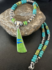 Blue Green Turquoise Gaspeite Pendant Navajo Necklace | Sterling Silver | Authentic Native American Handmade | 19665