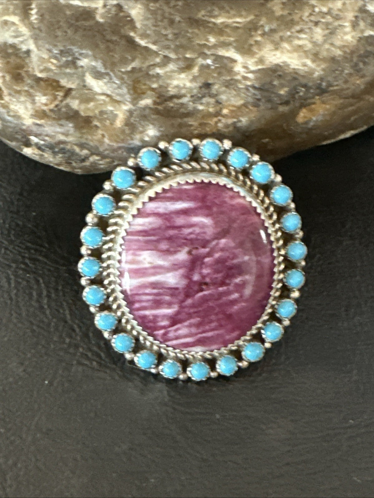 Cluster Kingman Turquoise Purple Spiny Navajo Sterling Silver Ring Sz 10 19104