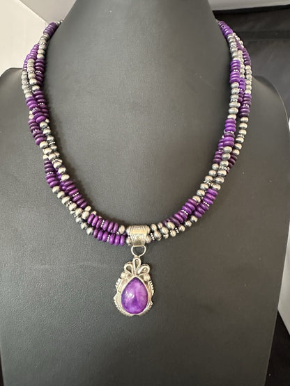 Navajo Sterling Silver 3 Strand Purple Stone Necklace Pendant 22” 19304