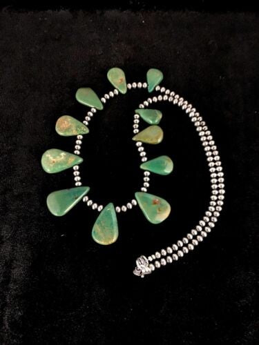Navajo Green Turquoise Teardrop Necklace Sterling Silver Handmade 8744