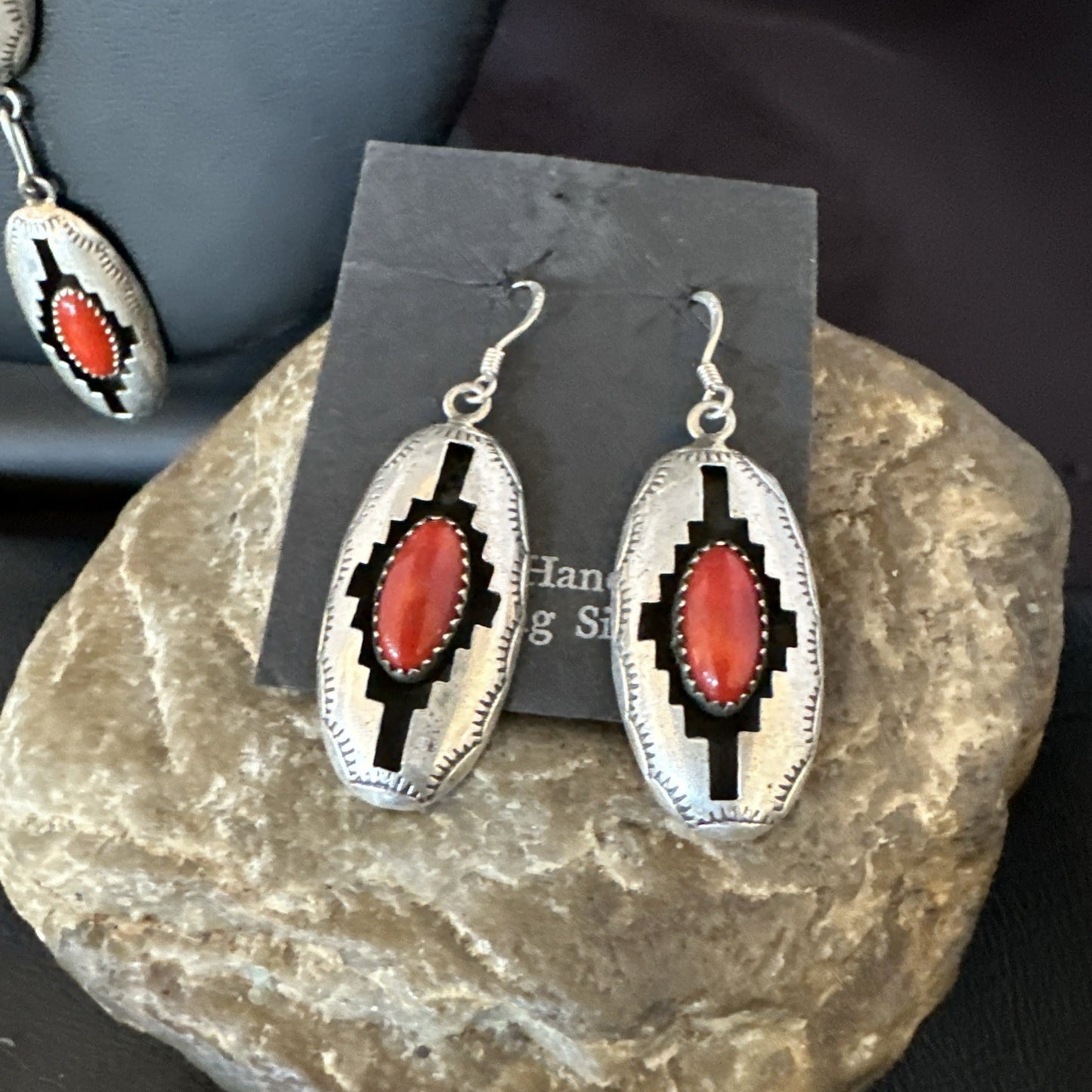 Old Native Navajo Red Coral Sterling Silver Shadowbox Necklace Earrings 18”19101