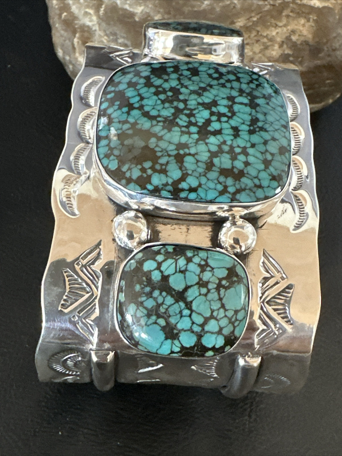 XL Blue Kingman Turquoise 3 Stone Navajo Sterling Silver Cuff Bracelet 18022