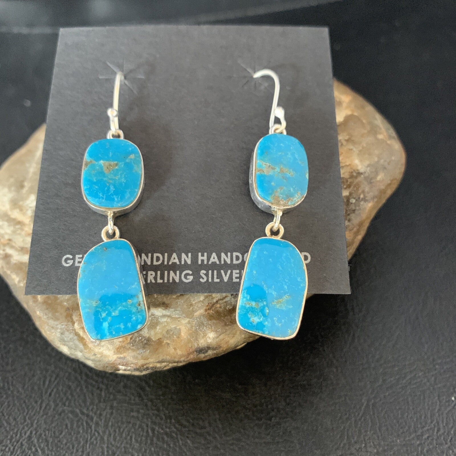 Kingman Turquoise Handmade Navajo Sterling Silver Dangle Earrings 1.5" 14010