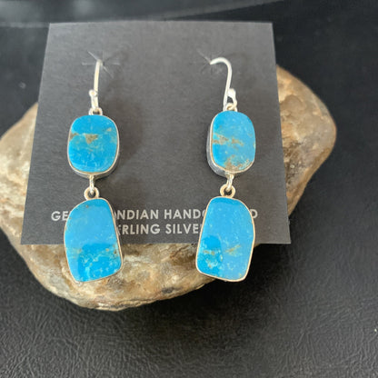 Kingman Turquoise Handmade Navajo Sterling Silver Dangle Earrings 1.5" 14010