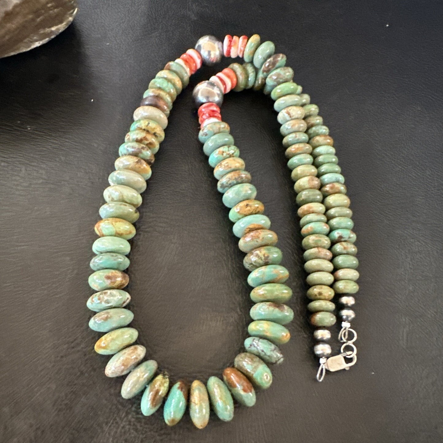Green Turquoise Red Spiny Oyster Navajo Sterling Silver Necklace 21" 18360