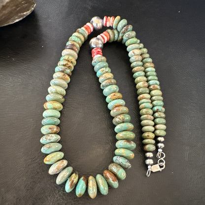 Green Turquoise Red Spiny Oyster Navajo Sterling Silver Necklace 21" 18360