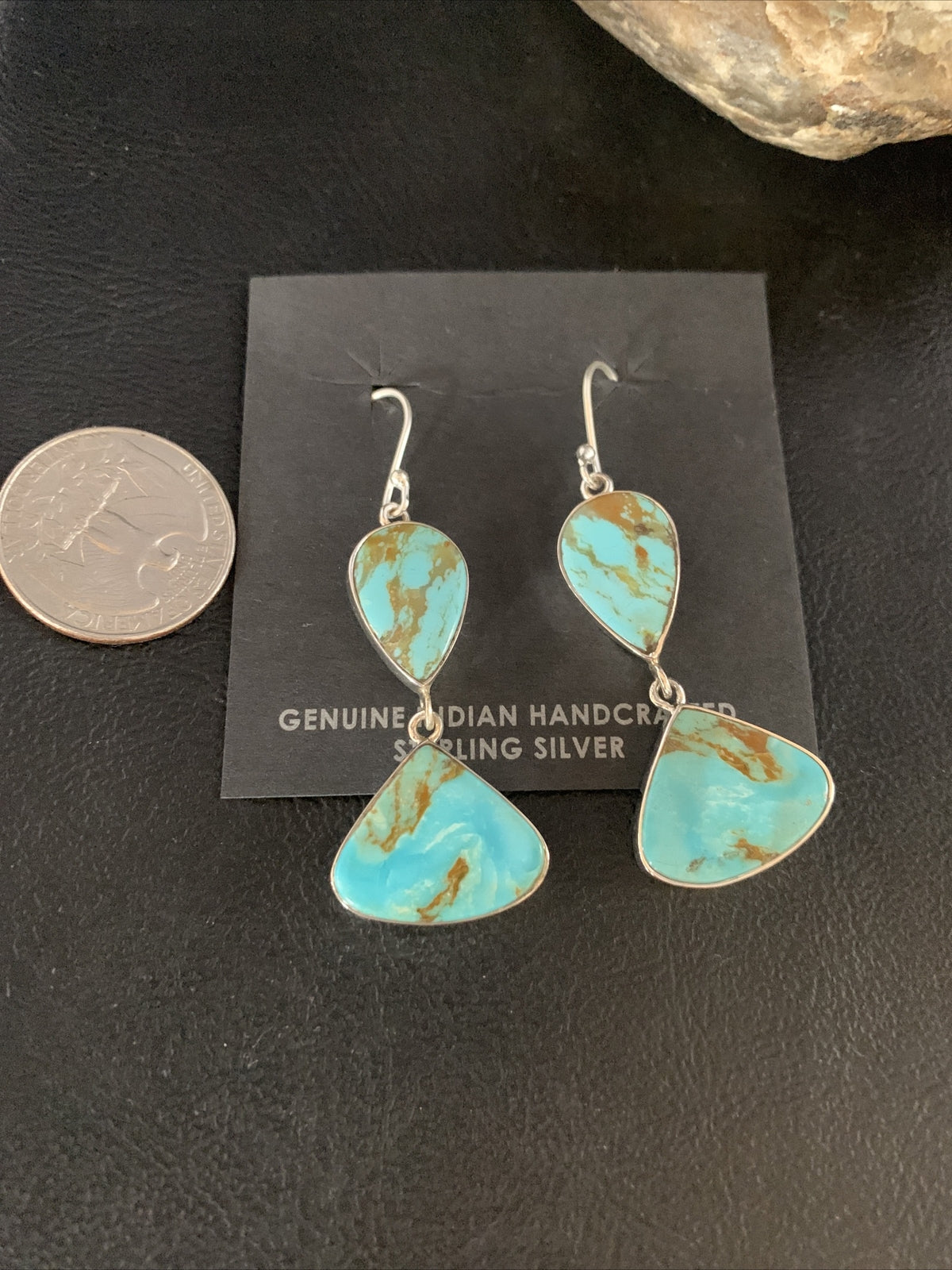 Blue Kingman Turquoise Navajo Sterling Silver Dangle Earrings 1.5" 14077