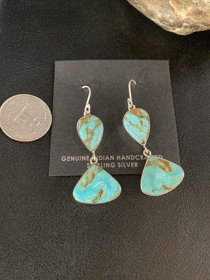 Blue Kingman Turquoise Navajo Sterling Silver Dangle Earrings 1.5" 14077