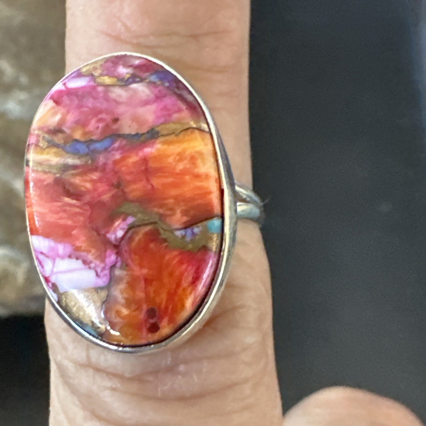 Blue Turquoise Spiny Oyster Southwestern Sterling Silver Ring Size 7 18427