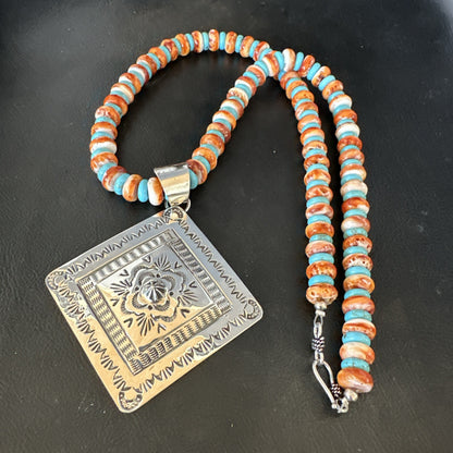 Orange Spiny Oyster Turquoise Navajo  Pendant Sterling Silver Necklace 21” 19044