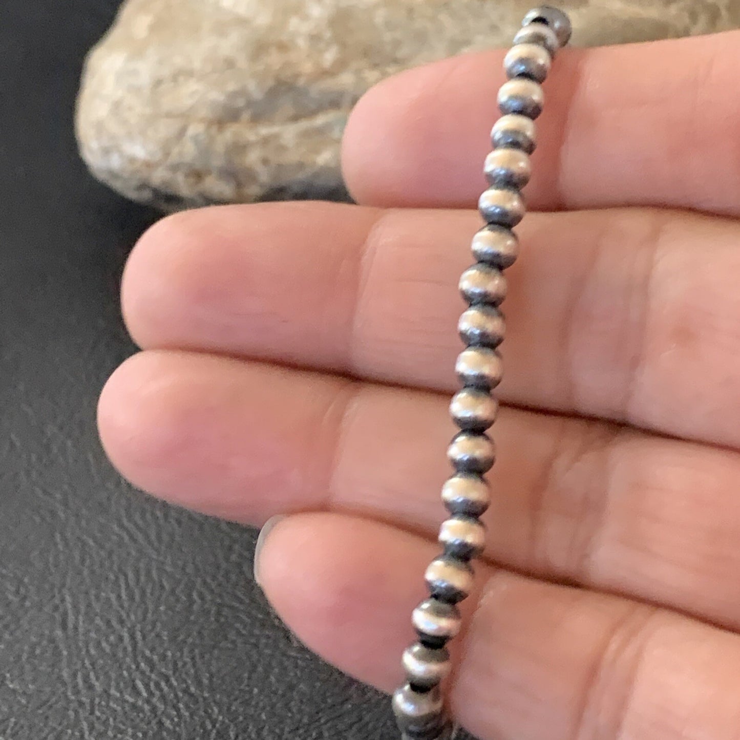 Navajo 4mm Beads 6” Stretchable Sterling Silver Bracelet 90401
