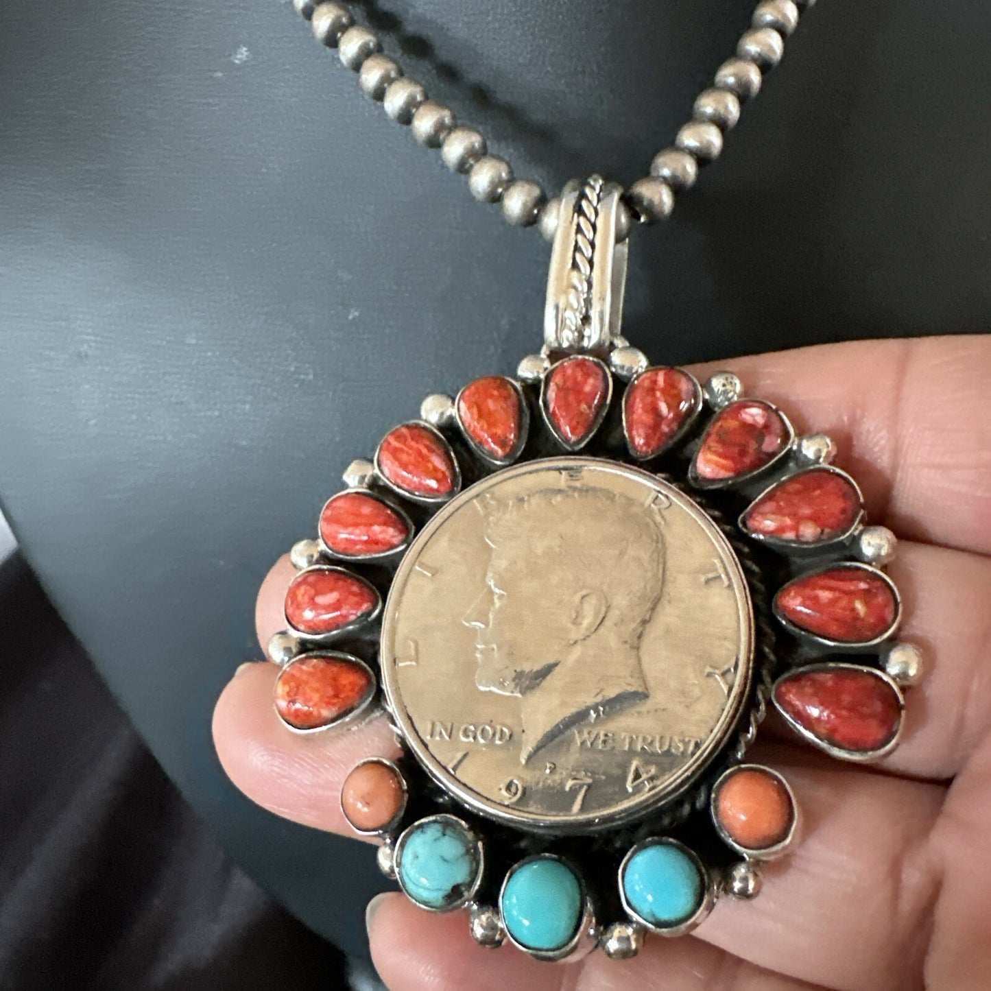Coin Pendant Red Spiny Oyster Turquoise Navajo Sterling Silver Necklace 17924