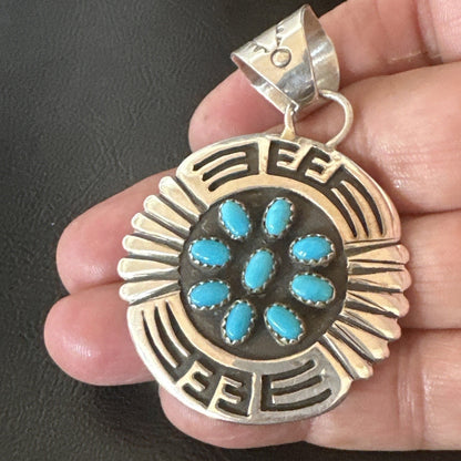 Blue Kingman Turquoise Navajo Sterling Silver Cluster Pendant 2"19285