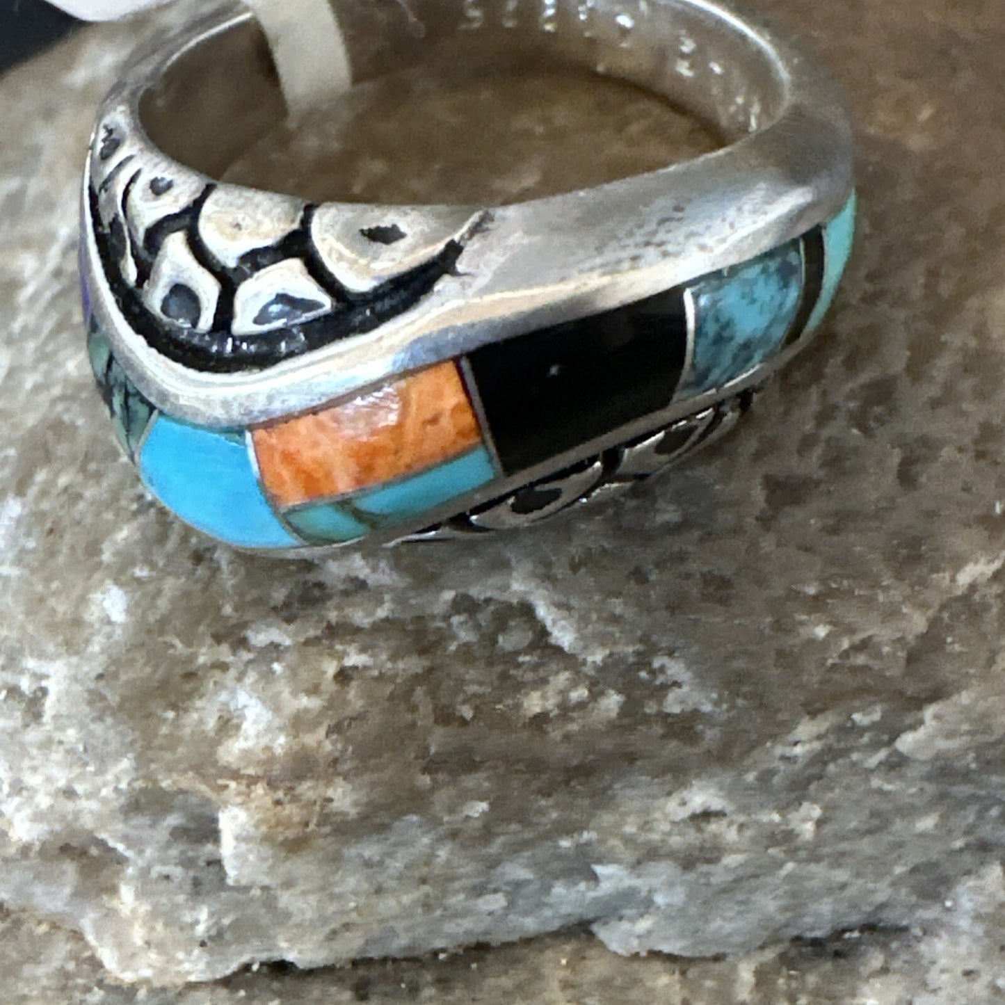 MultiColor Navajo Sterling Turquoise Spiny Oyster Inlay Ring Sz 6.5 18708