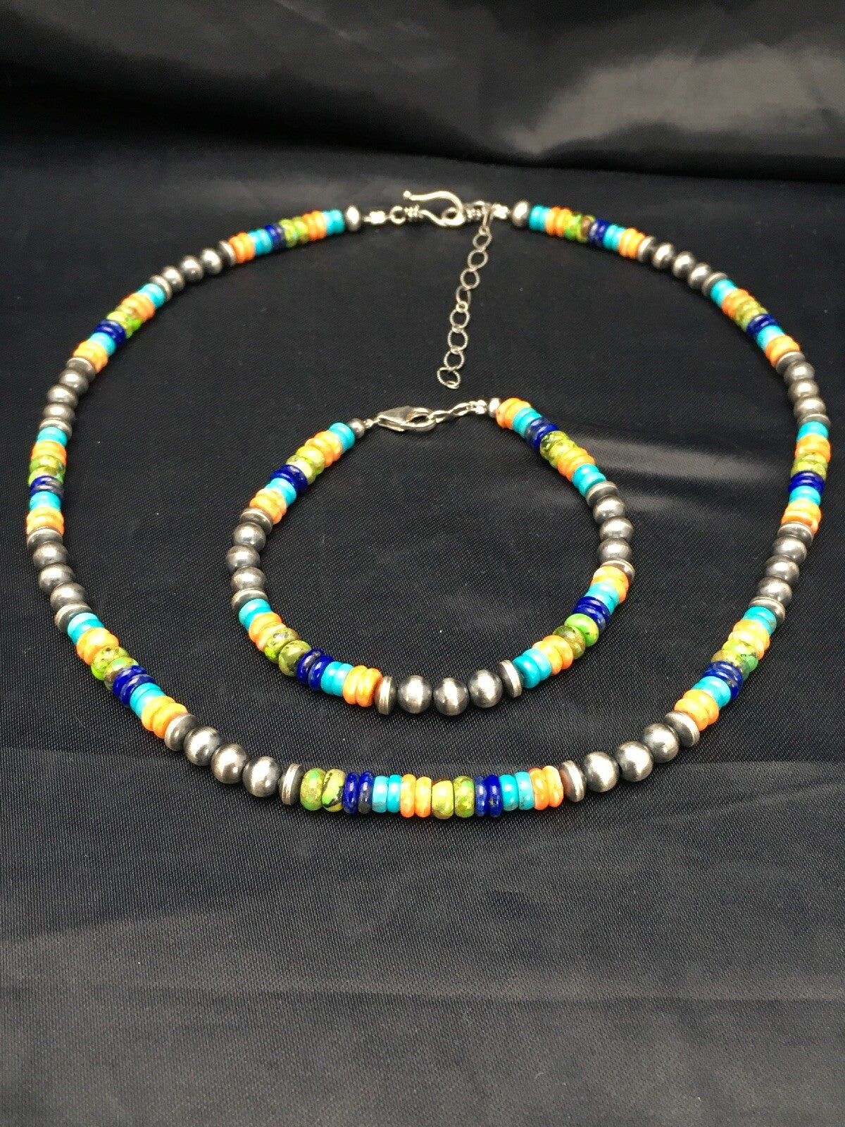 Southwestern Turquoise Spiny Lapis Silver Necklace Bracelet Set 8" 02762