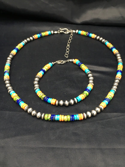 Southwestern Turquoise Spiny Lapis Silver Necklace Bracelet Set 8" 02762