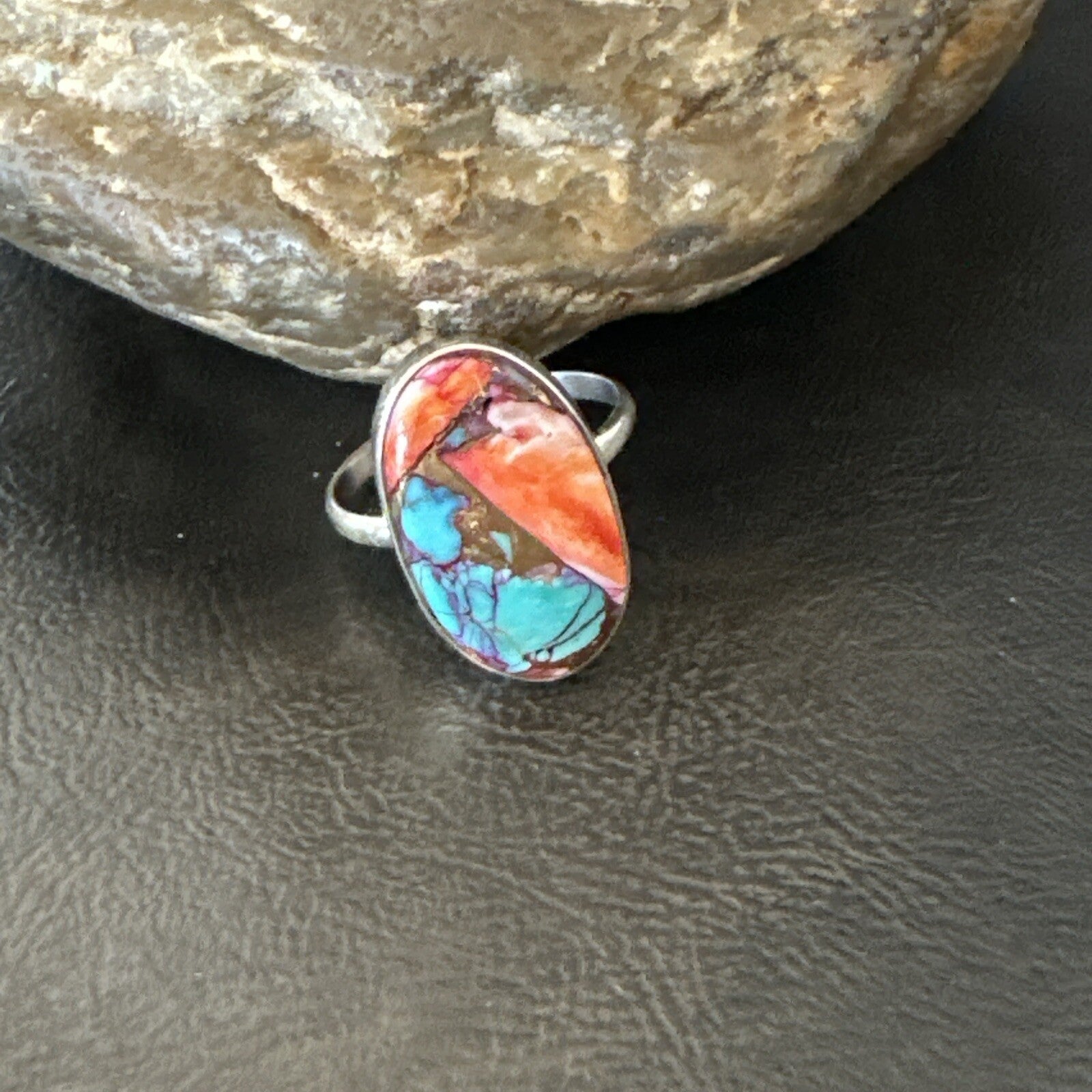 Blue Turquoise Spiny Oyster Southwestern Sterling Silver Ring Size 11 18457