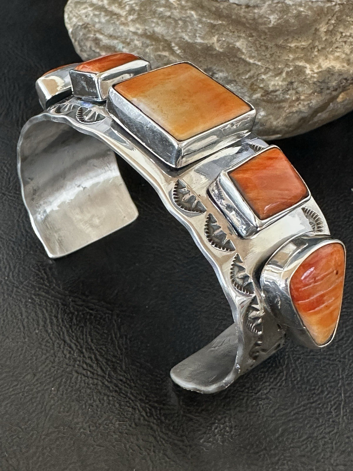 Orange Spiny Oyster 5 Stone Row Sterling Silver Navajo Cuff Bracelet 7.7" 19477