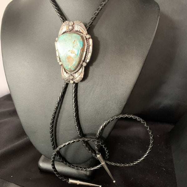 Men's Bolo Tie Green Royston Turquoise Navajo 14108N | Sterling Silver | Authentic Native American Handmade