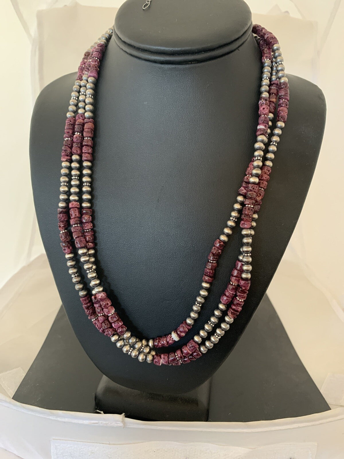 Native Navajo Sterling Silver 3 Strand Purple Spiny Oyster Necklace 22” 10115