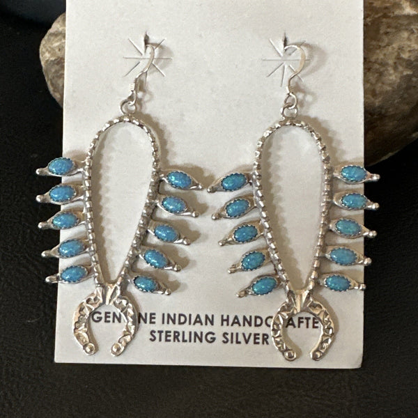 Women's Blue Opal Navajo Squash Blossom Earrings | Sterling Silver | Authentic Native American Handmade | 18549