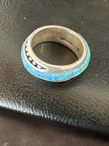 Blue Opal Navajo Sterling Silver Band Inlay Ring Size 8 18806