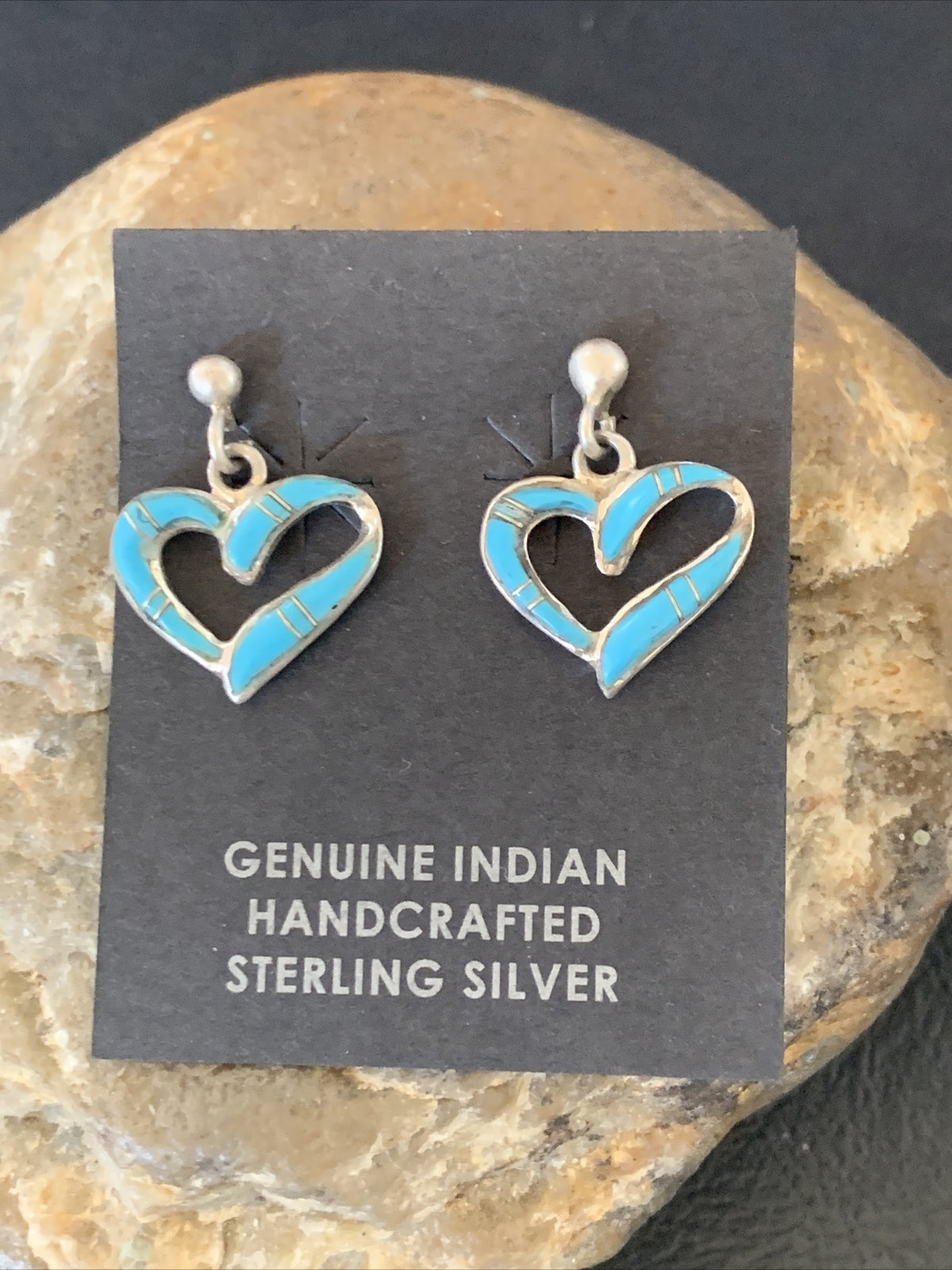 Navajo Blue Turquoise Heart Sterling Silver Dangle Post Earrings 0.5" 12716