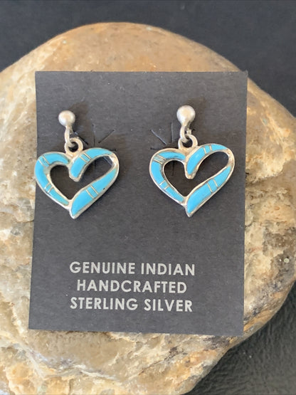 Navajo Blue Turquoise Heart Sterling Silver Dangle Post Earrings 0.5" 12716