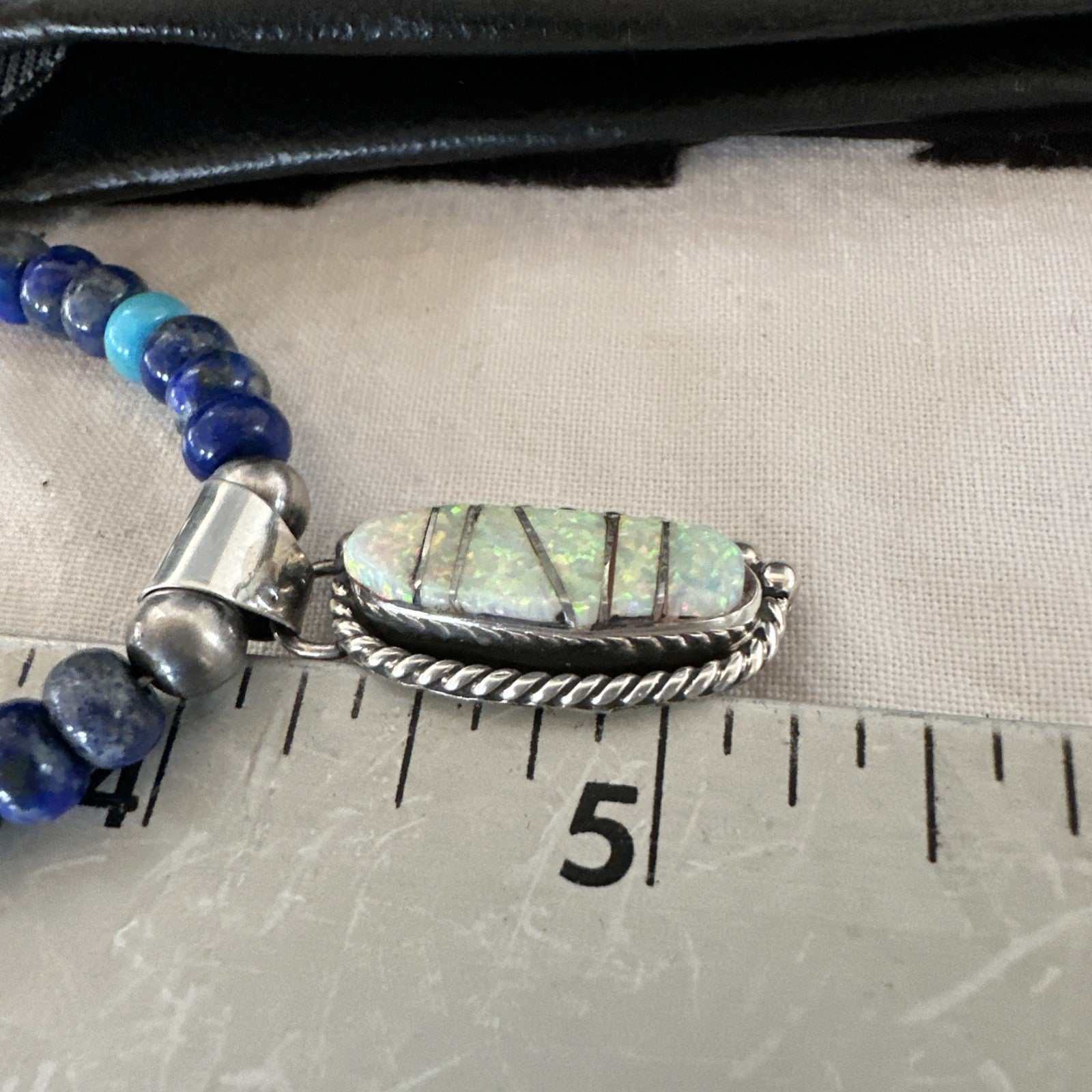 Blue Turquoise White Opal Pendant Lapis Navajo Sterling Silver Necklace 19471