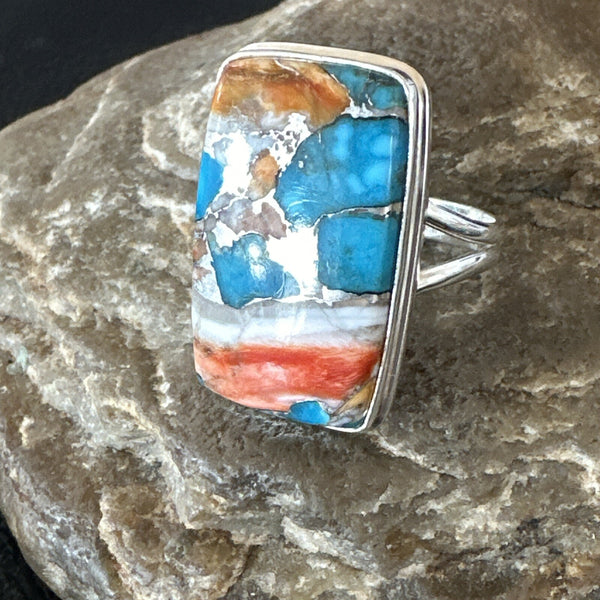 Blue Turquoise Orange Spiny Oyster Navajo Ring Size 10 | Sterling Silver | Authentic Native American Handmade | 18246