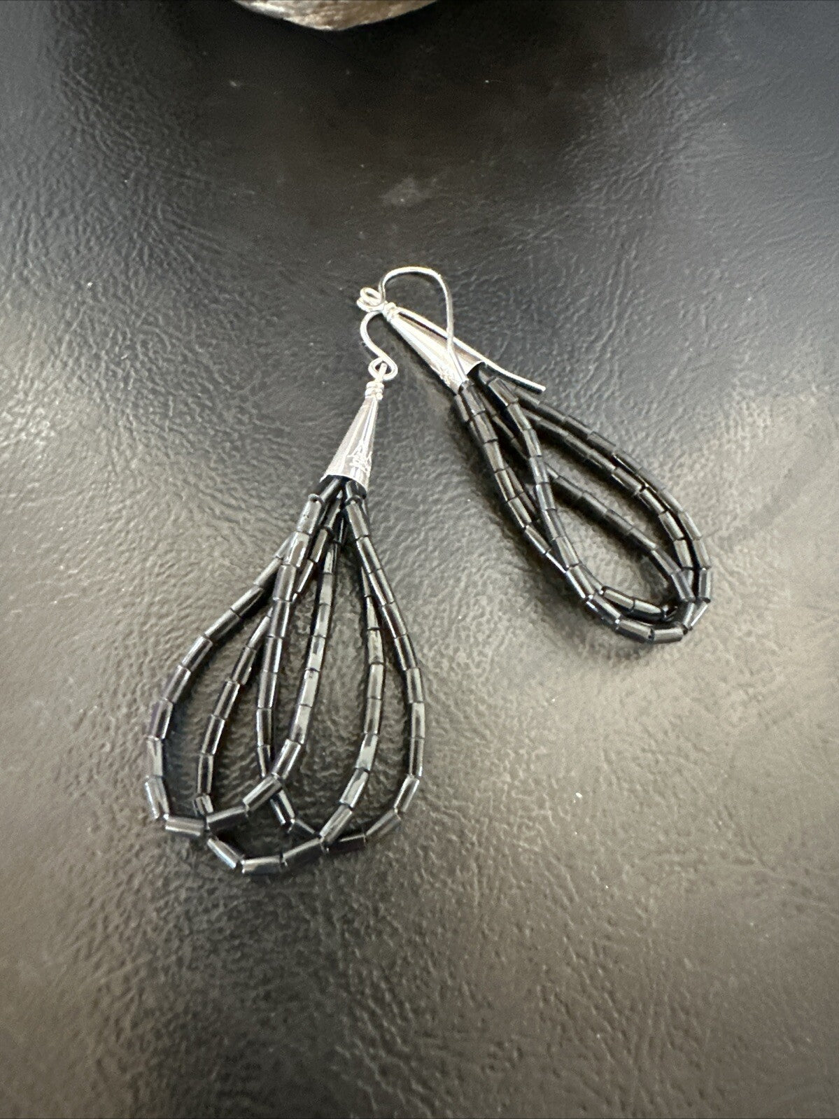 Black Onyx Heishi 3S Bead Southwestern Sterling Silver Earrings 2" 18197