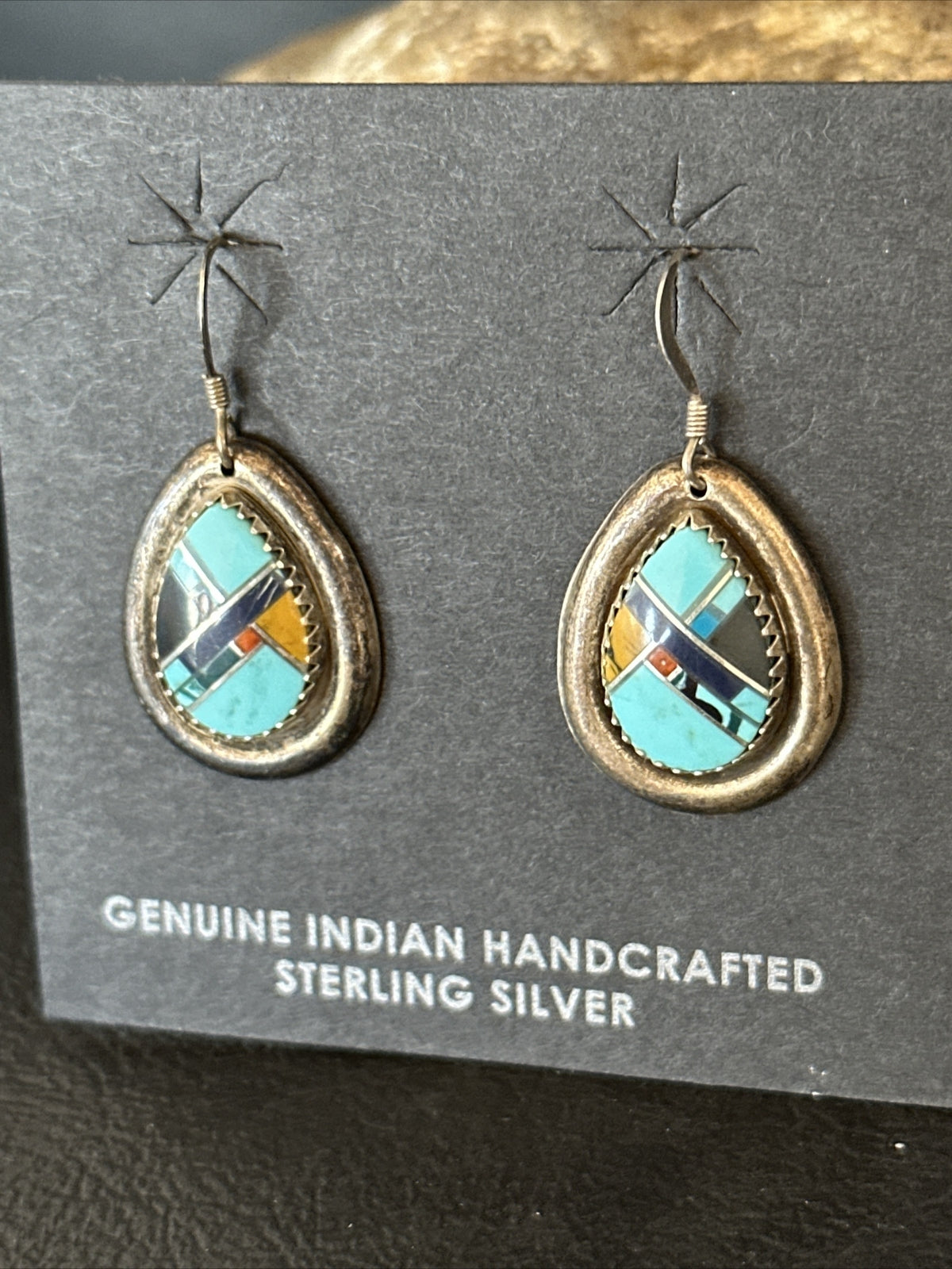 MultiColor Navajo Turquoise Spiny Oyster Inlay Sterling Silver Earrings 1" 14764