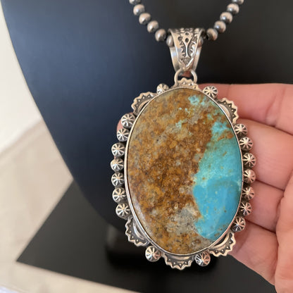 Blue Kingman Turquoise Pendant Navajo Pearls Sterling Silver Necklace 01310