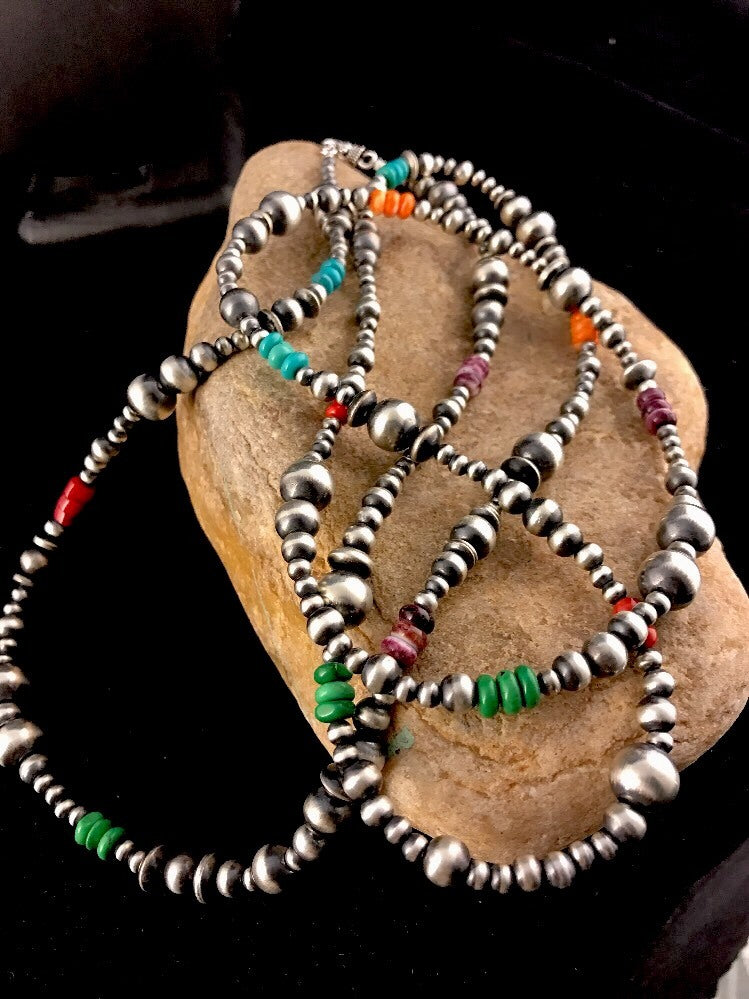 Turquoise Coral Spiny Oyster Sterling Silver Beads Bead Necklace 92818