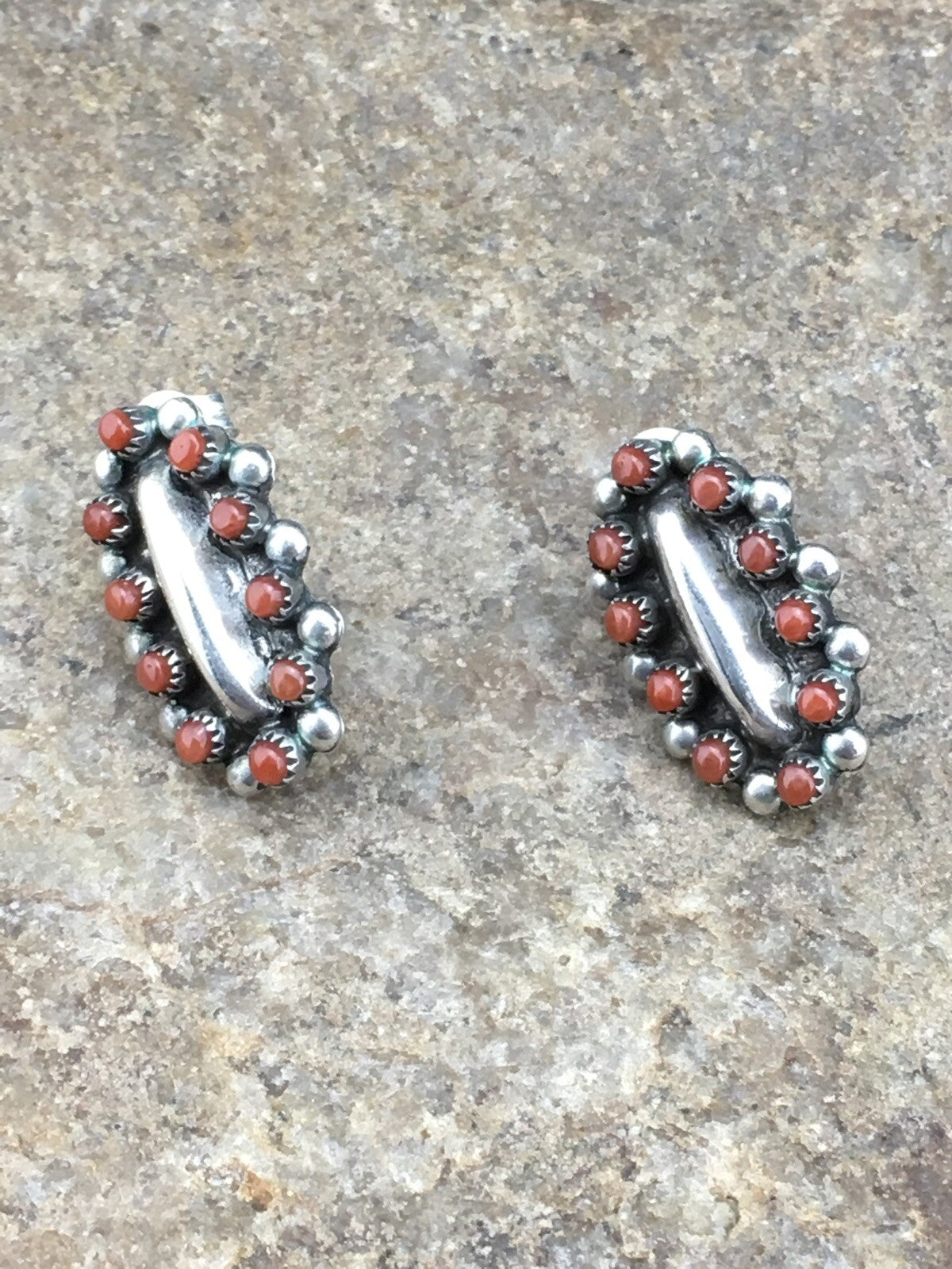 Red Coral Zuni Cluster Sterling Silver Earrings 0.75" 01094