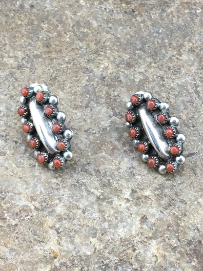 Red Coral Zuni Cluster Sterling Silver Earrings 0.75" 01094