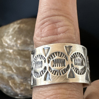 Mens Women Wedding Wide Band Navajo Stamped Sterling Silver Ring Size 10.5 17996