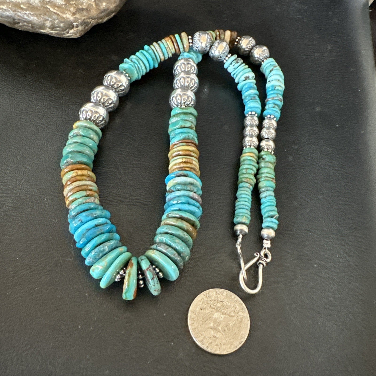 WoMens Blue Green Turquoise Navajo Sterling Silver Necklace 24” 19493