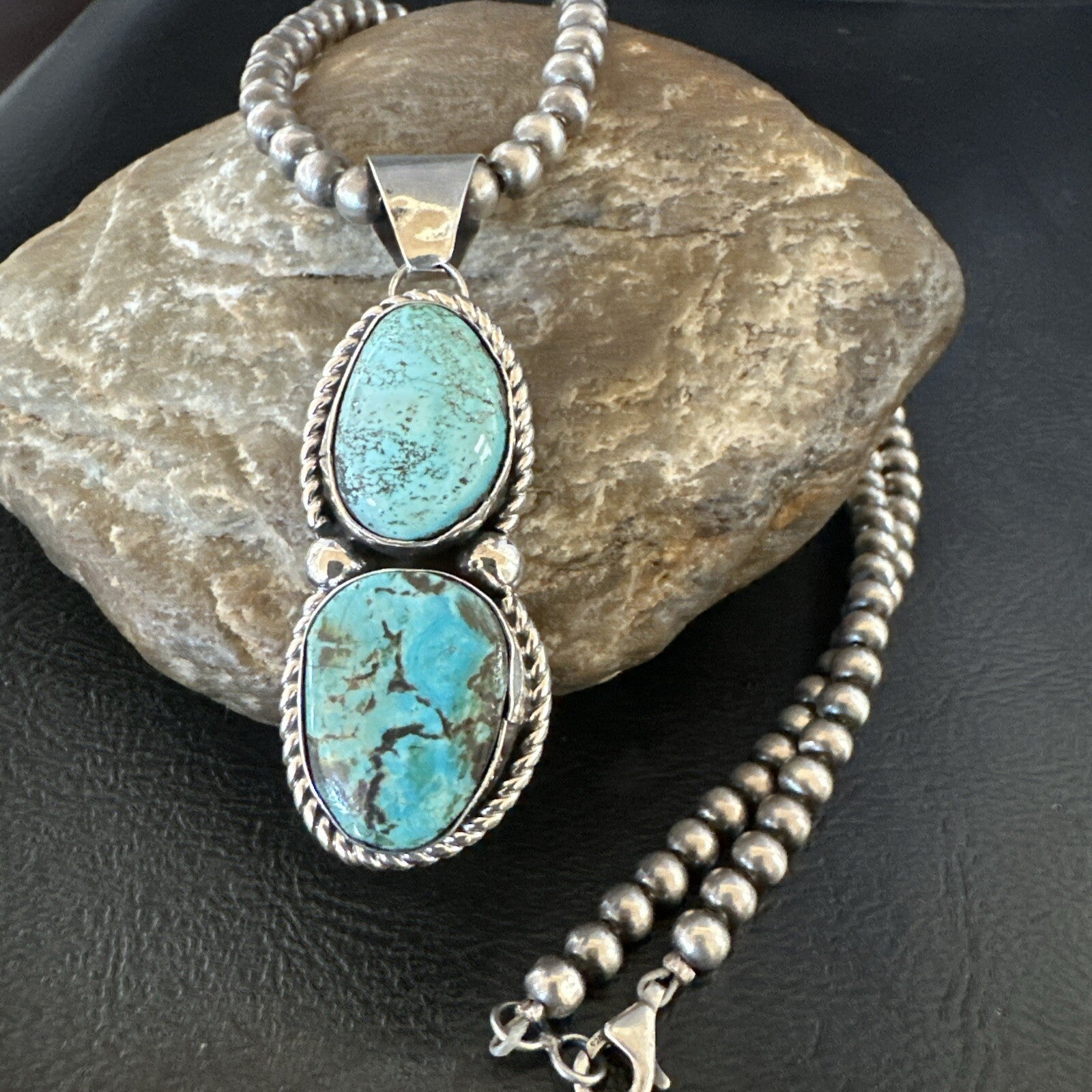 Blue Turquoise 2 Stone Navajo Sterling Silver Cluster Pendant 18191