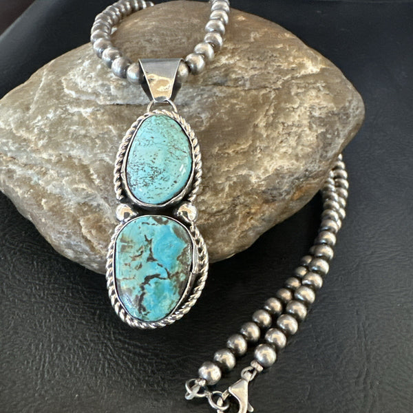 Blue Turquoise 2 Stone Navajo Cluster Pendant | Sterling Silver | Authentic Native American Handmade | 18191