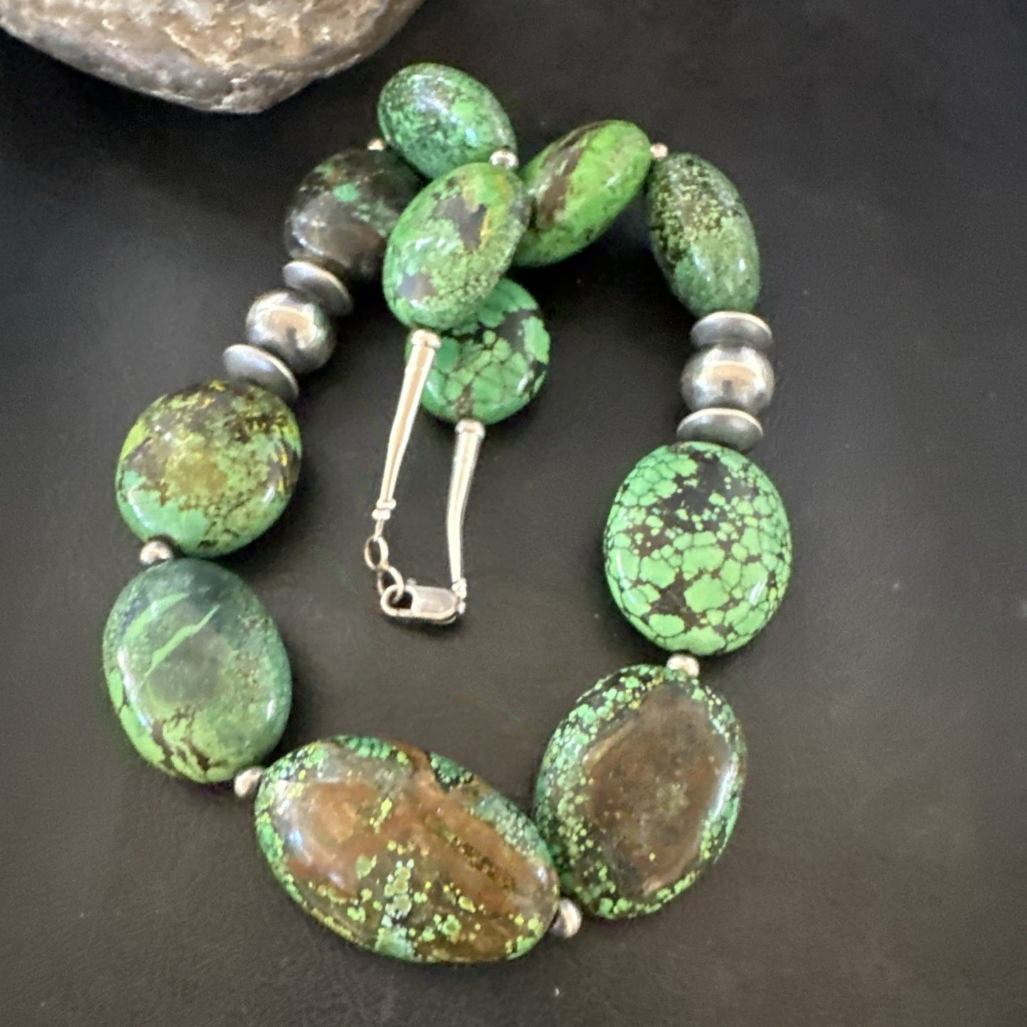 Green Turquoise Nugget Navajo Pearls Sterling Silver Necklace 19533