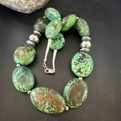 Green Turquoise Nugget Navajo Pearls Sterling Silver Necklace 19533