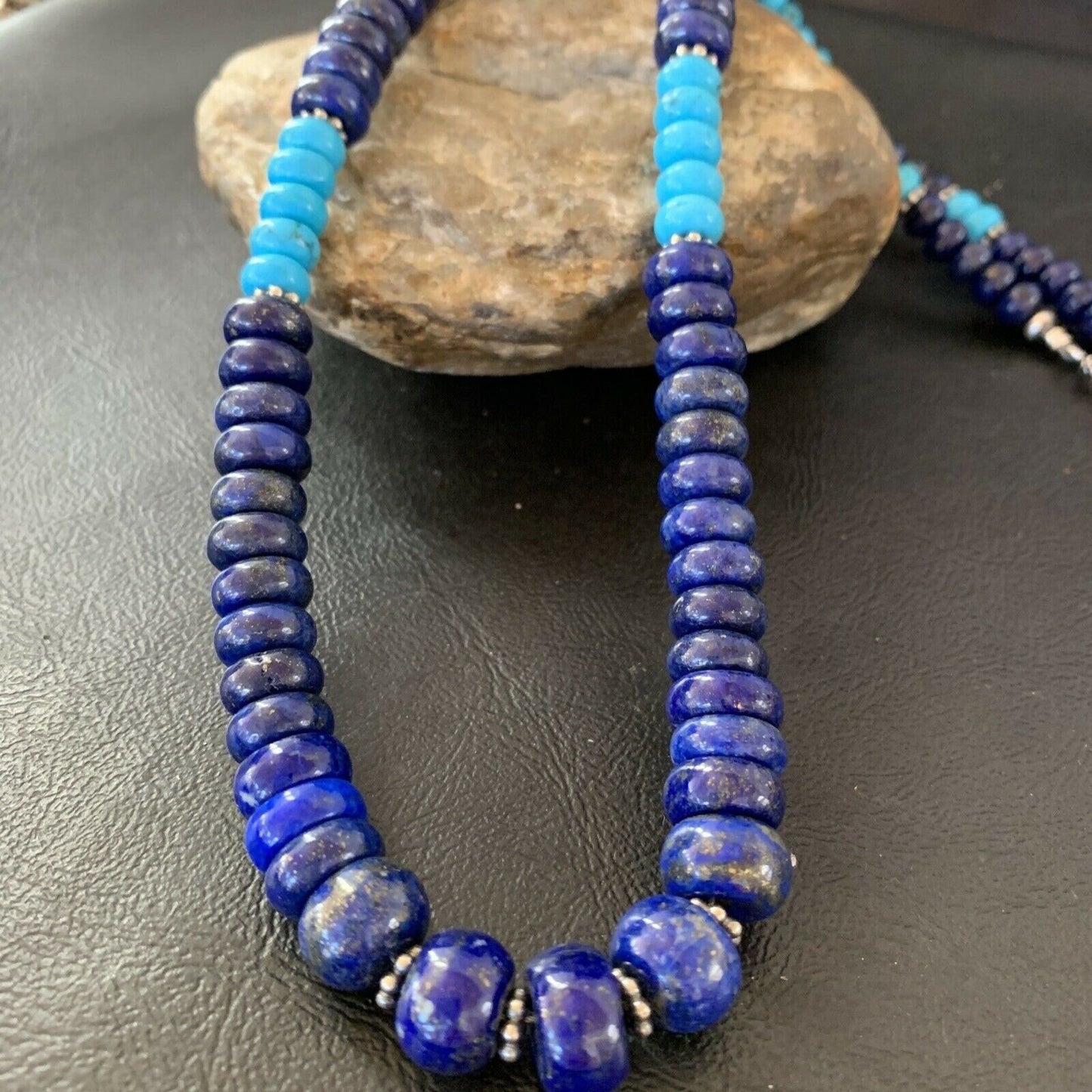 Men's Lapis and Turquoise Beaded Necklace Sterling Silver 23" 10835
