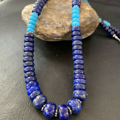 Men's Lapis and Turquoise Beaded Necklace Sterling Silver 23" 10835