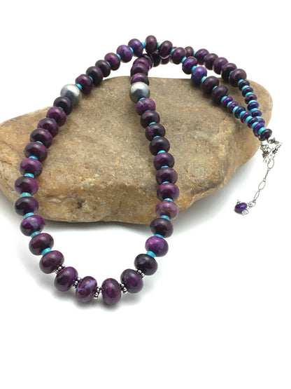 Purple Stone & Turquoise Bead Navajo Indian Sterling Necklace 27" 04061