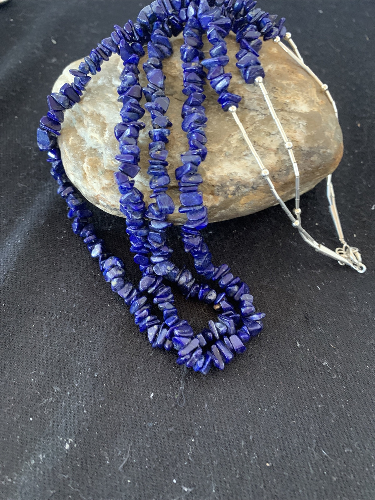 Blue Lapis Bead Liquid Heishi 2 Strands Sterling Silver Tubes Necklace 00853