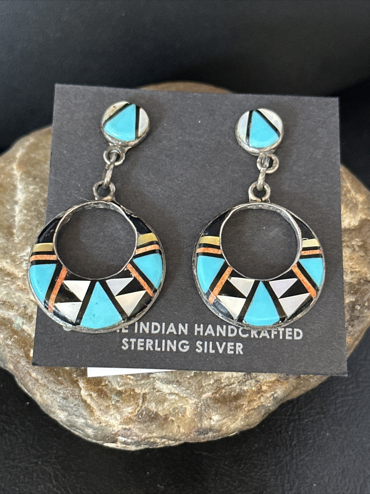 Coral Turquoise Onyx Abalone Zuni Sterling Silver Inlay Earrings 14768