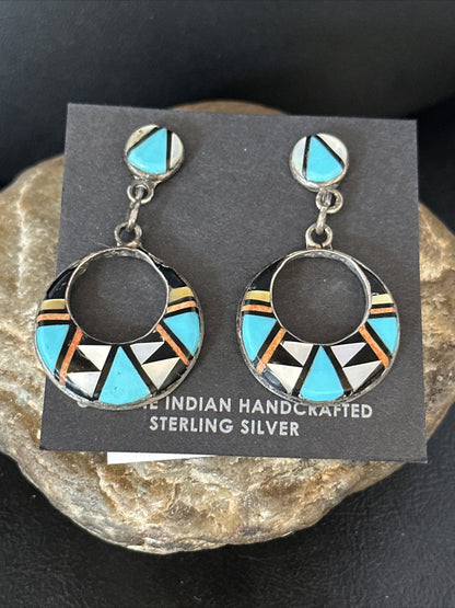 Coral Turquoise Onyx Abalone Zuni Sterling Silver Inlay Earrings 14768
