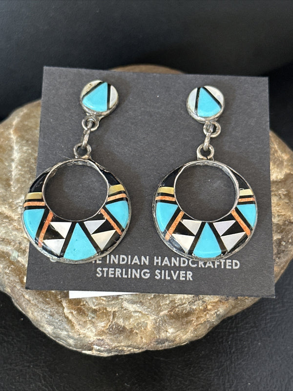 Coral Turquoise Onyx Abalone Zuni Inlay Earrings | Sterling Silver | Authentic Native American Handmade | 14768